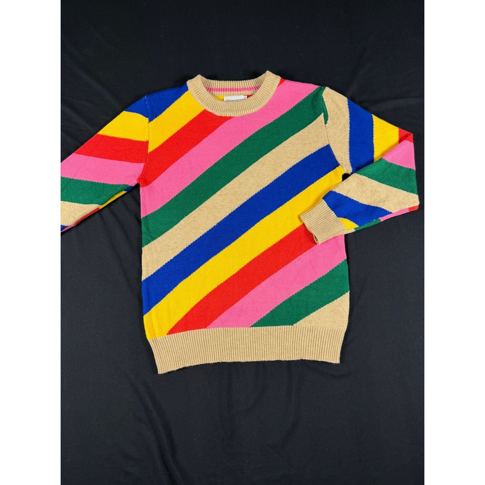 OXKNITSTORE Womens Medium Rainbow Diagonal Stripe Cotton Crewneck Sweater Multi